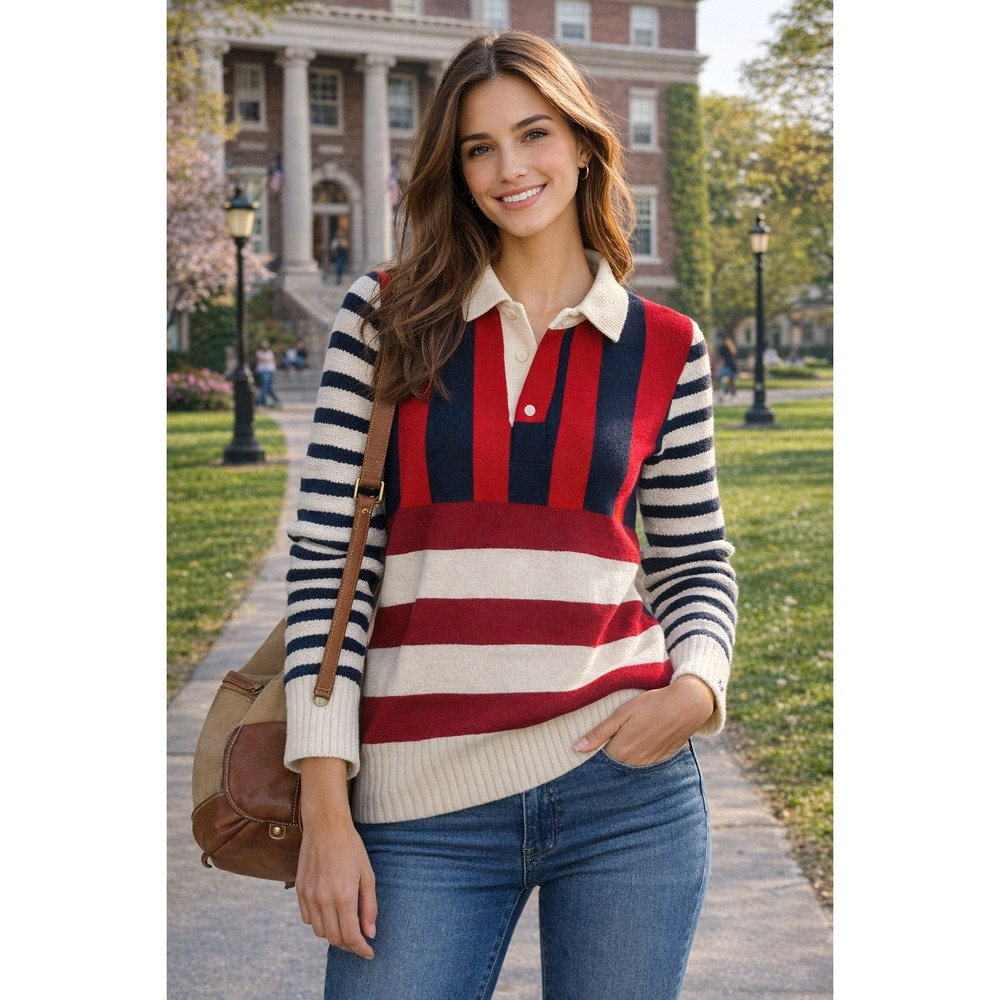 Tommy Hilfiger Womens XS Striped Colorblock Long Sleeve Polo Sweater Red Navy